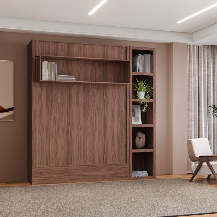 Easy-Lift Full Murphy Wall Bed in Natural Brown Wood Grain with Bookshelf