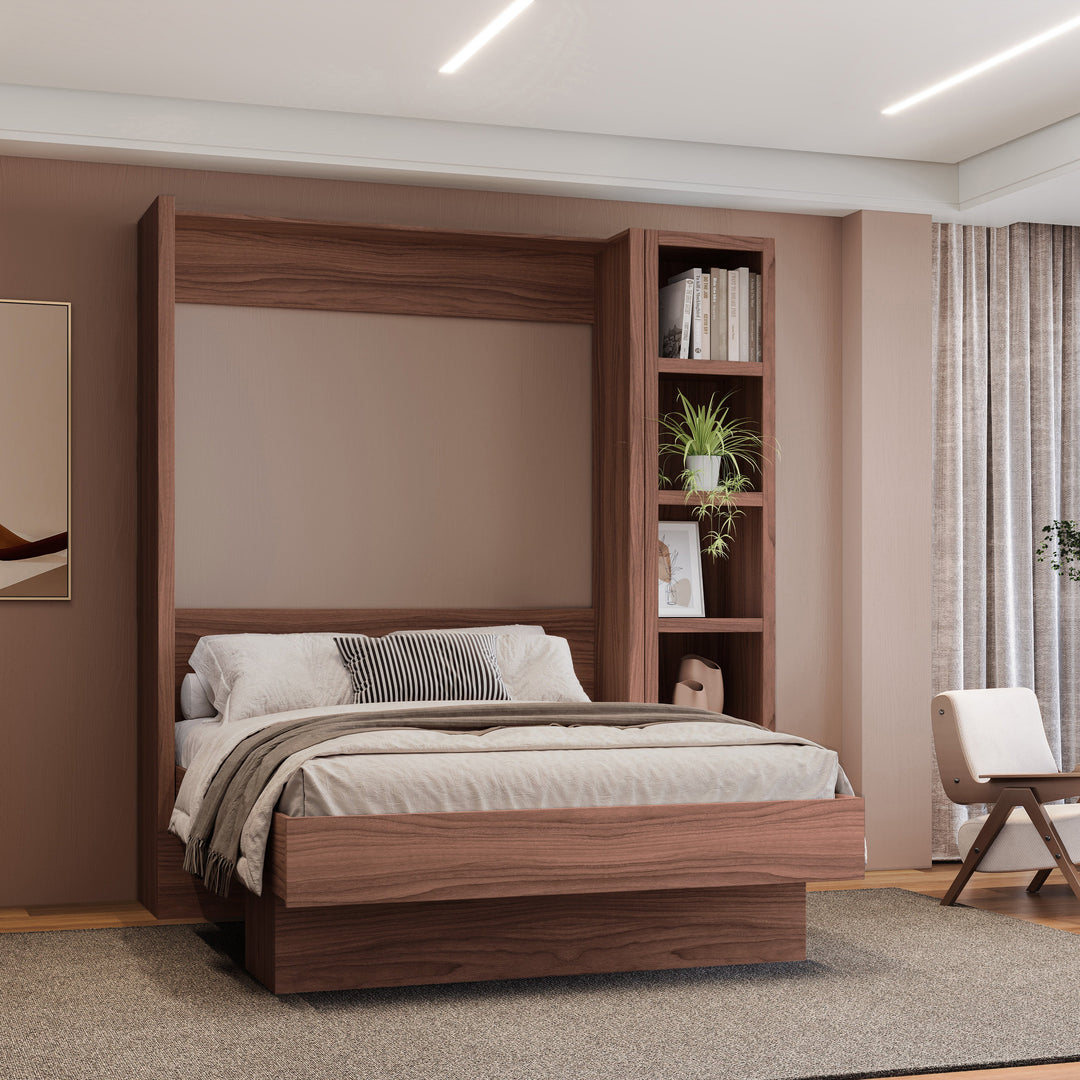 Easy-Lift Full Murphy Wall Bed in Natural Brown Wood Grain with Bookshelf