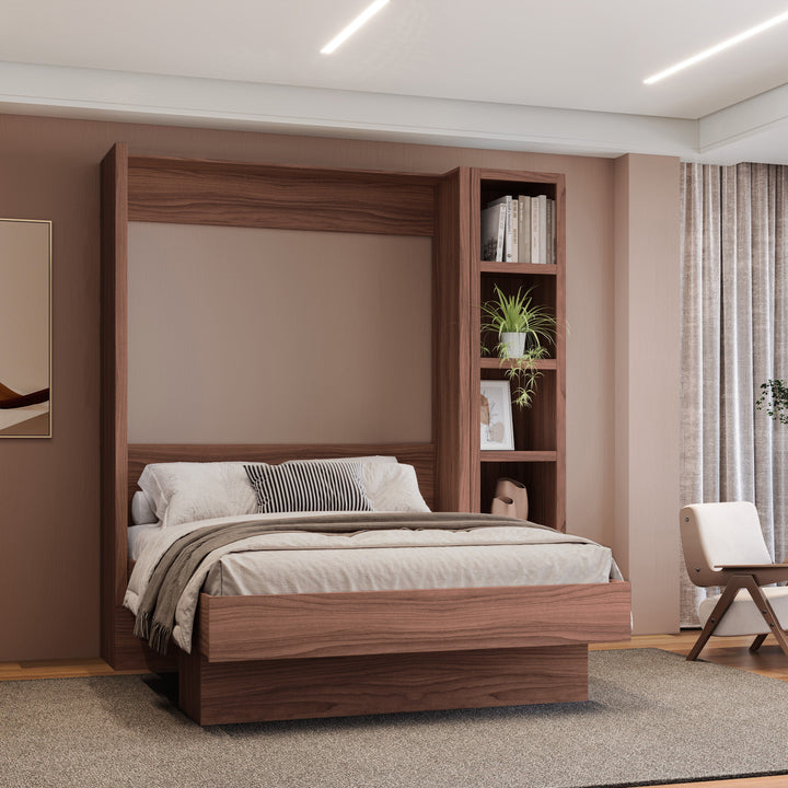 Easy-Lift Full Murphy Wall Bed in Natural Brown Wood Grain with Bookshelf
