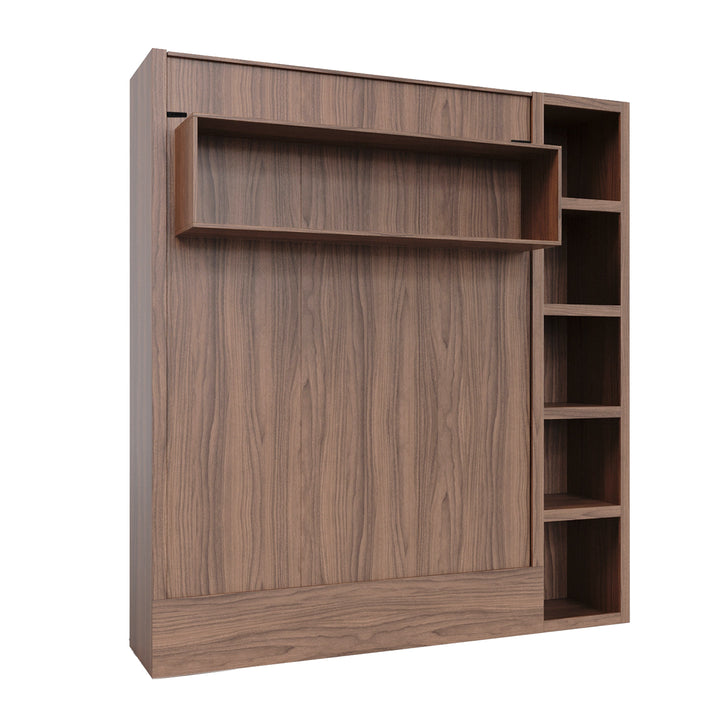 Easy-Lift Full Murphy Wall Bed in Natural Brown Wood Grain with Bookshelf