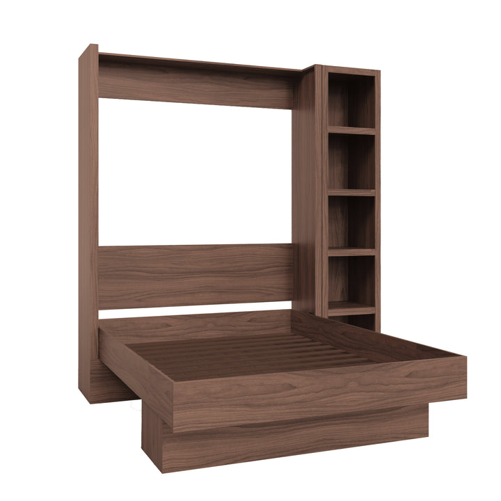 Easy-Lift Full Murphy Wall Bed in Natural Brown Wood Grain with Bookshelf