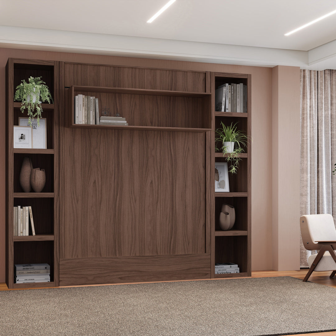 Easy-Lift Full Murphy Wall Bed in Natural Brown Wood Grain with Two Bookshelves