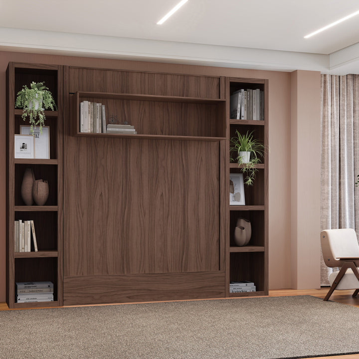 Easy-Lift Full Murphy Wall Bed in Natural Brown Wood Grain with Two Bookshelves