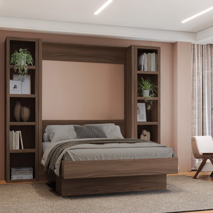 Easy-Lift Full Murphy Wall Bed in Natural Brown Wood Grain with Two Bookshelves
