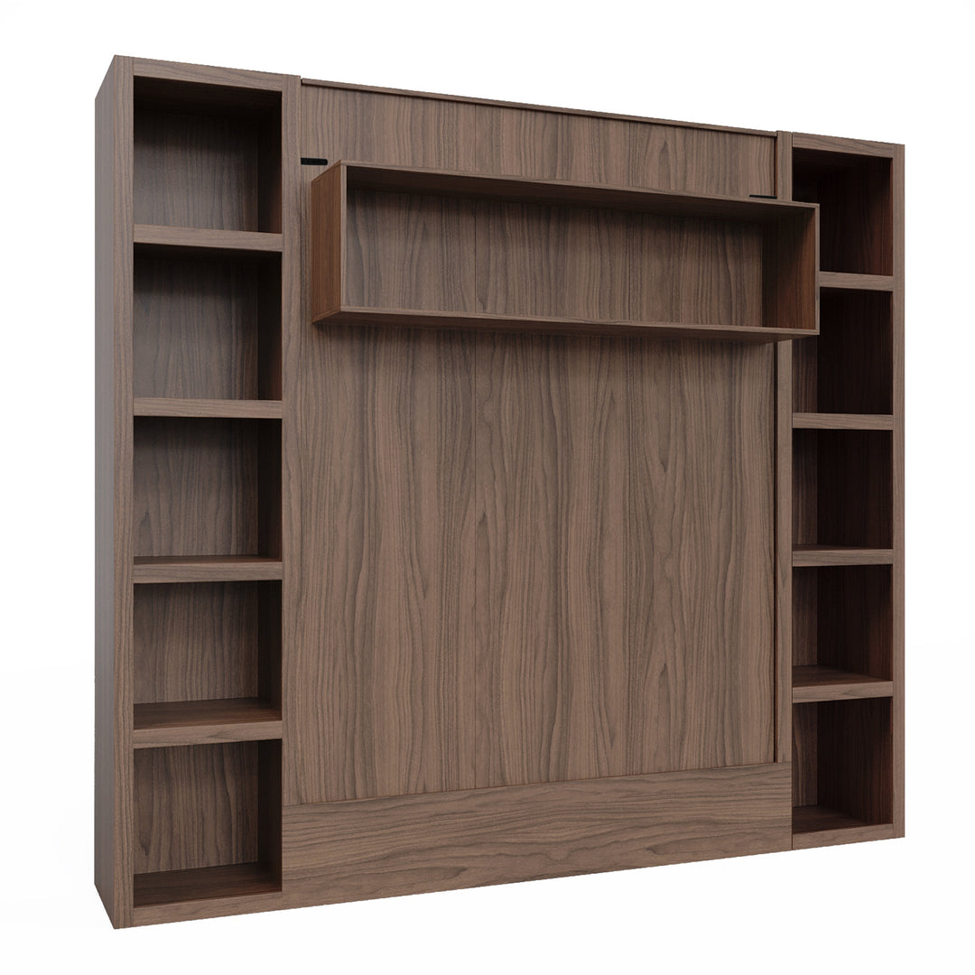 Easy-Lift Full Murphy Wall Bed in Natural Brown Wood Grain with Two Bookshelves