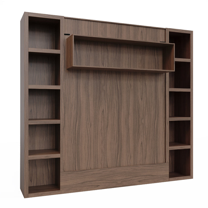 Easy-Lift Full Murphy Wall Bed in Natural Brown Wood Grain with Two Bookshelves