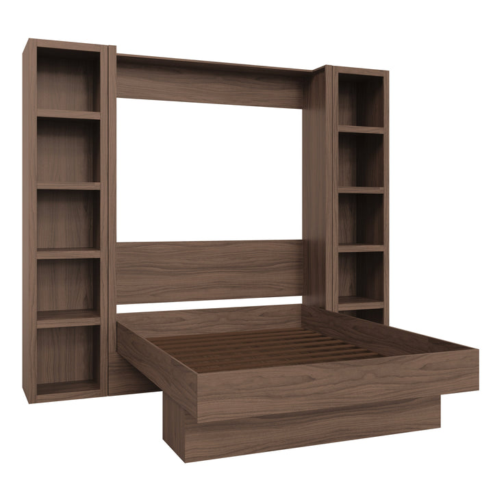 Easy-Lift Full Murphy Wall Bed in Natural Brown Wood Grain with Two Bookshelves