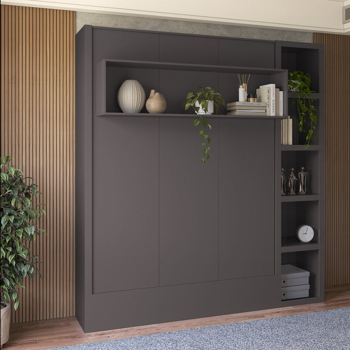 Easy-Lift Queen Murphy Wall Bed in Dark Grey with Bookshelf