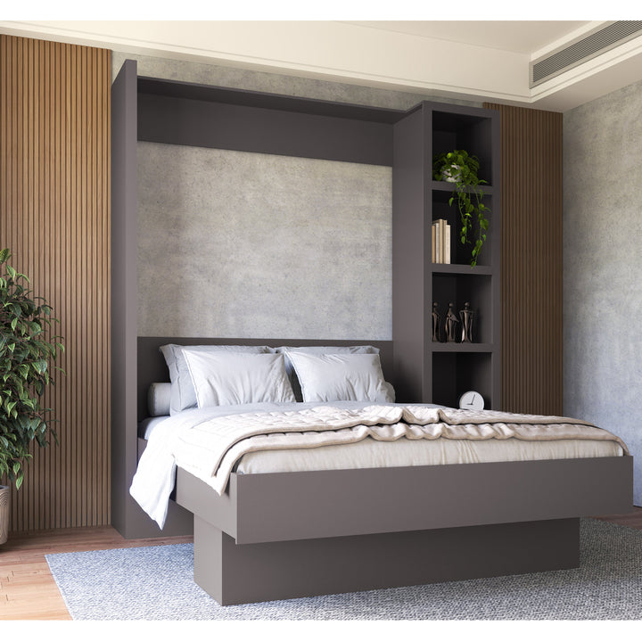 Easy-Lift Queen Murphy Wall Bed in Dark Grey with Bookshelf