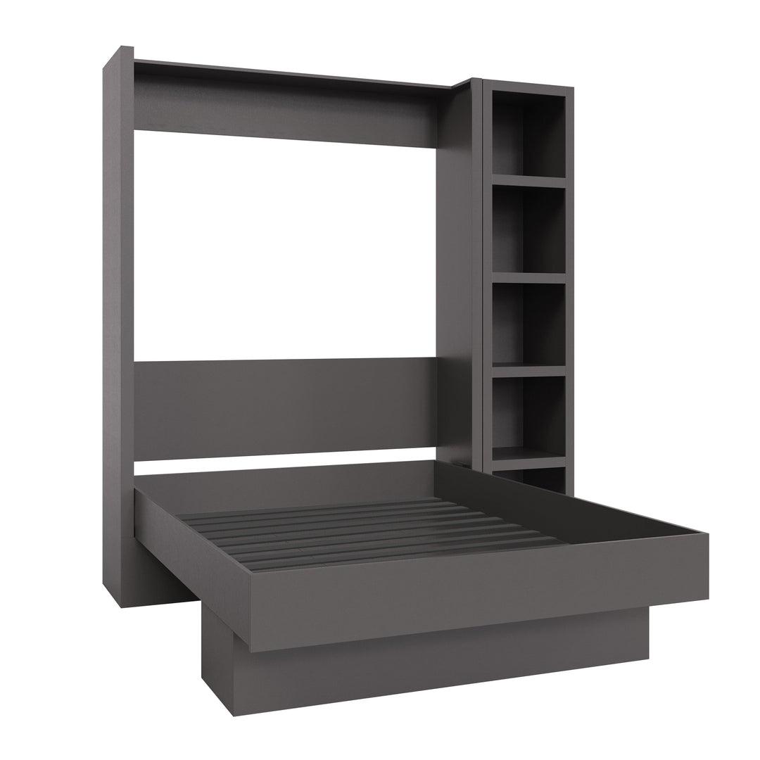 Easy-Lift Queen Murphy Wall Bed in Dark Grey with Bookshelf