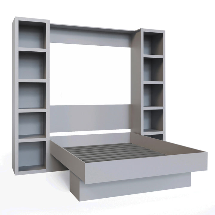 Easy-Lift Queen Murphy Wall Bed in Grey with Two Bookshelves