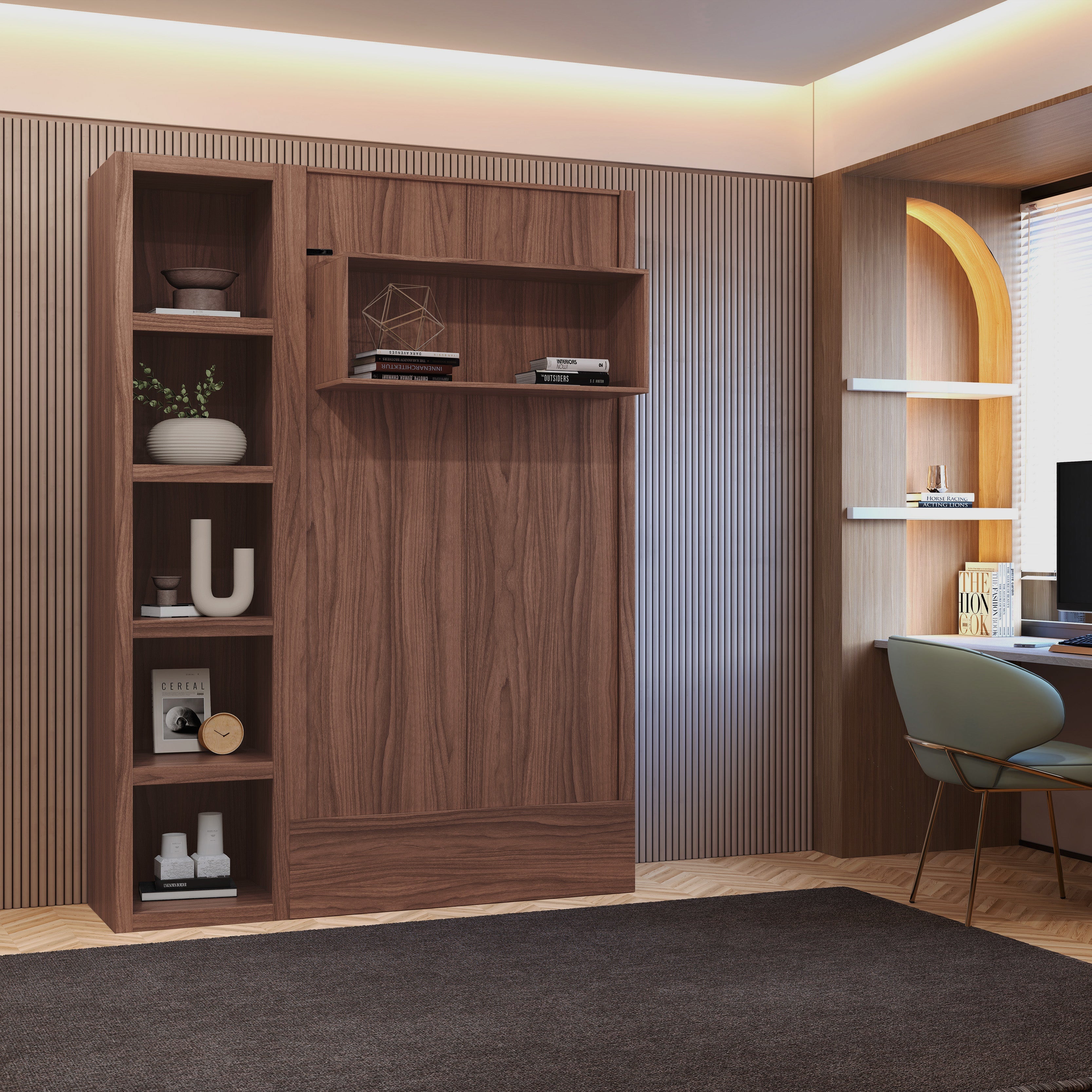 Easy-Lift Twin Murphy Wall Bed in Natural Brown Wood Grain with