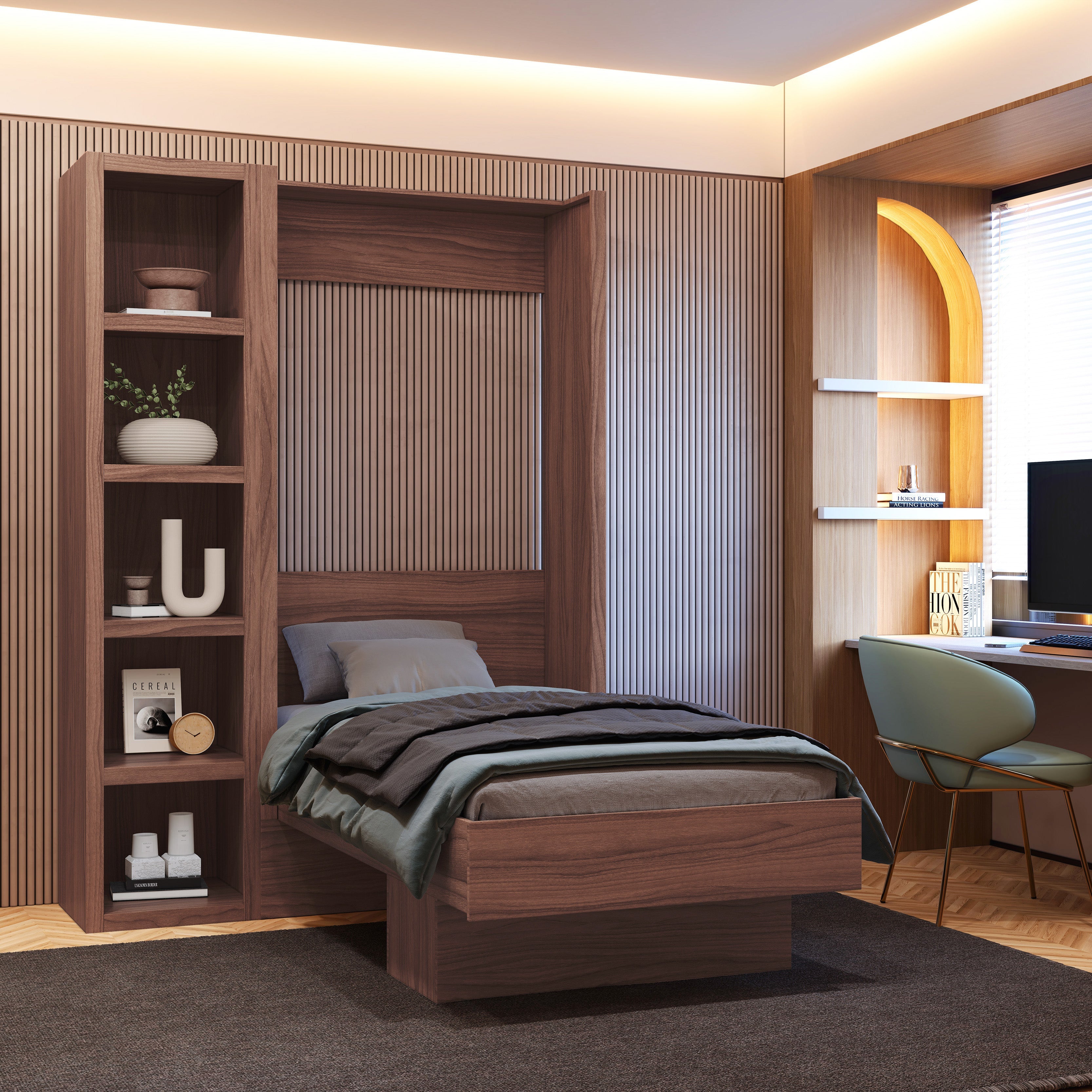 Easy-Lift Twin Murphy Wall Bed in Natural Brown Wood Grain with