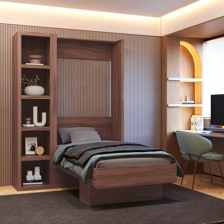 Easy-Lift Twin Murphy Wall Bed in Natural Brown Wood Grain with Bookshelf