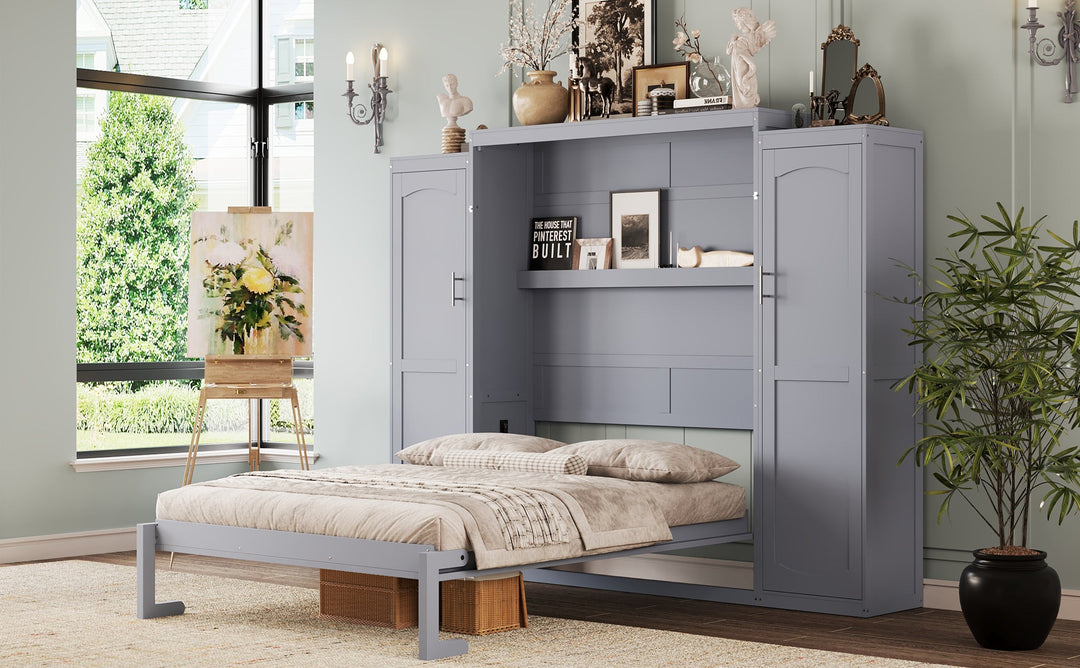 Full Size Murphy Bed, Wooden Full Wall Bed with 2 Wardrobe and Storage Shelf, Multifunctional Foldable Platform Bedframe for Guest-Room, Bedroom, Gray