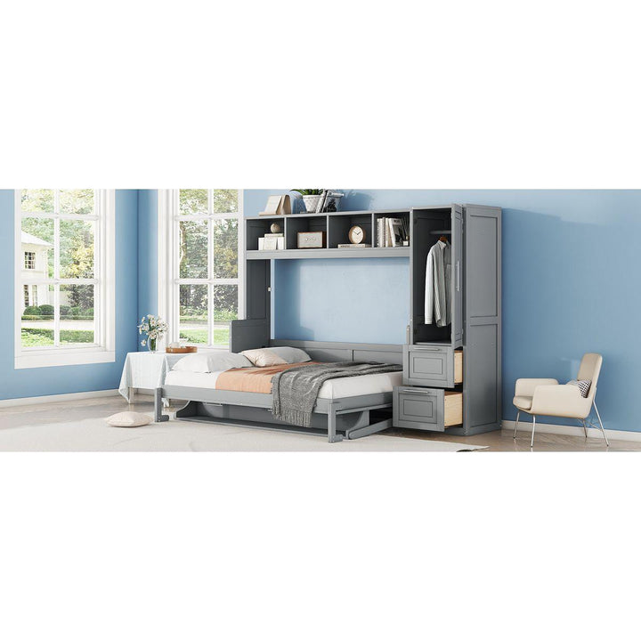 Full Size Murphy Bed Wall Bed with Closet and Drawers,Gray