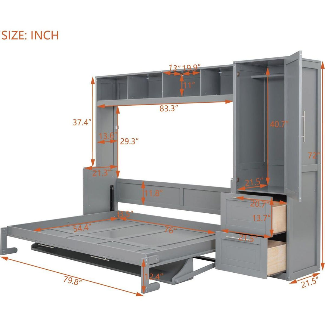 Full Size Murphy Bed Wall Bed with Closet and Drawers,Gray