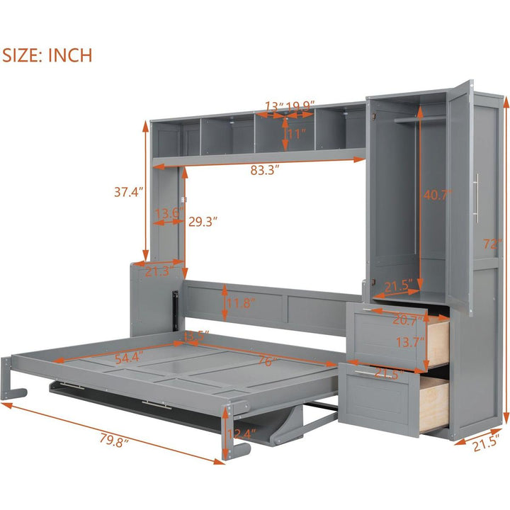 Full Size Murphy Bed Wall Bed with Closet and Drawers,Gray