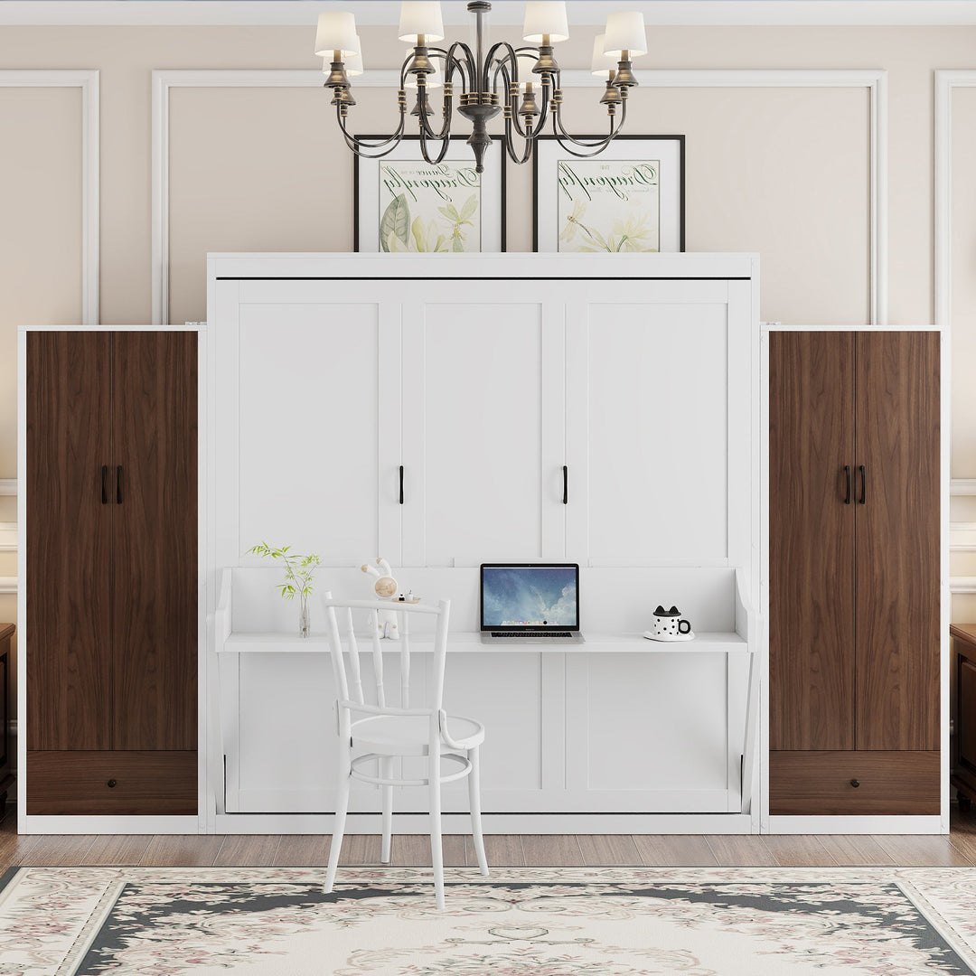 Queen Size Murphy Bed Wall Bed with Closet ,Drawers and Table,White