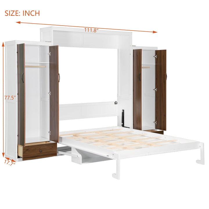 Full Size Murphy Bed Wall Bed with Closet ,Drawers and Table,White