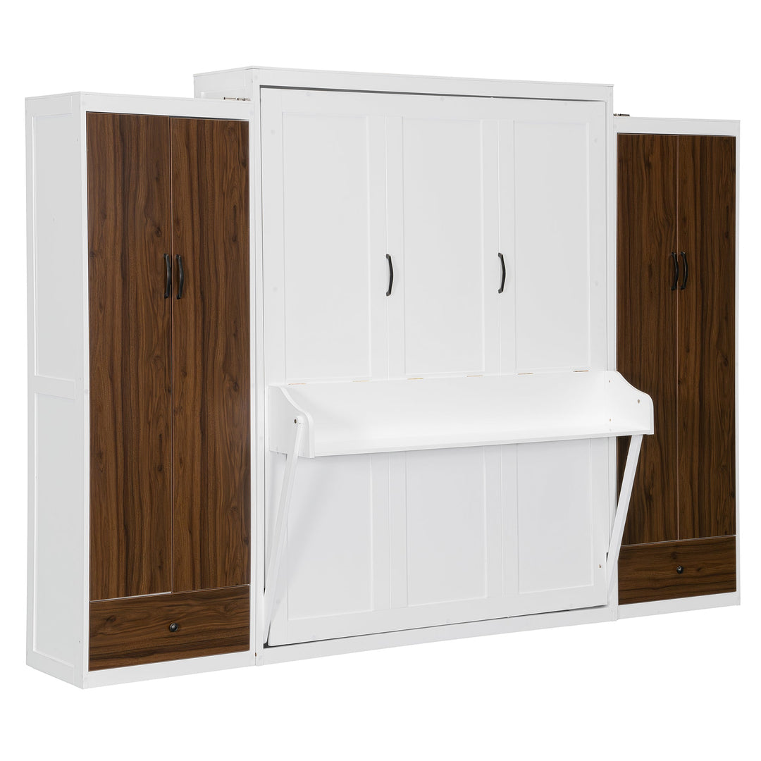 Queen Size Murphy Bed Wall Bed with Closet ,Drawers and Table,White