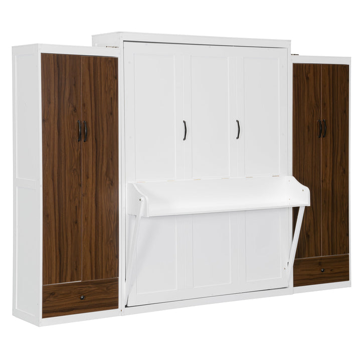 Queen Size Murphy Bed Wall Bed with Closet ,Drawers and Table,White