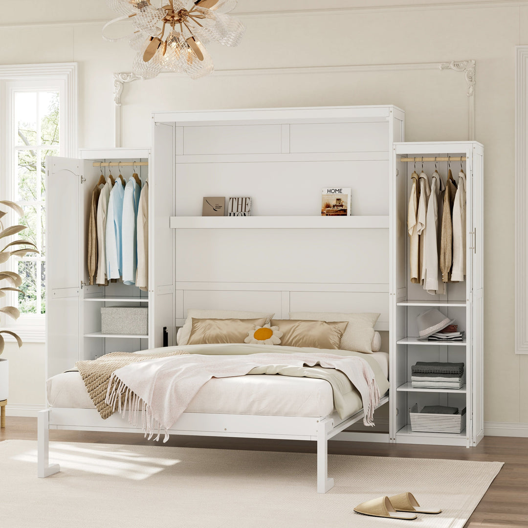 Queen Size Murphy Bed with 2 Wardrobe and Storage Shelf, Multifunctional Foldable Platform Bedframe for Guest-Room, Bedroom, White