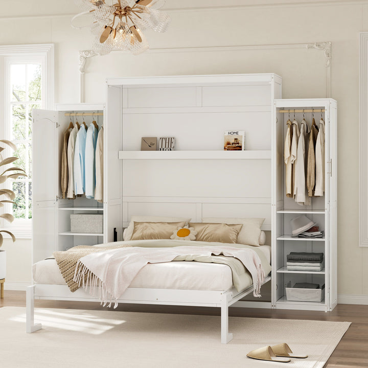 Queen Size Murphy Bed with 2 Wardrobe and Storage Shelf, Multifunctional Foldable Platform Bedframe for Guest-Room, Bedroom, White
