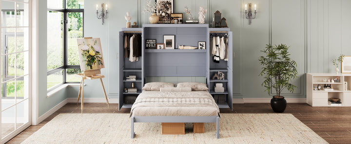 Full Size Murphy Bed, Wooden Full Wall Bed with 2 Wardrobe and Storage Shelf, Multifunctional Foldable Platform Bedframe for Guest-Room, Bedroom, Gray
