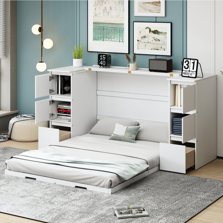 Full Size Murphy Bed with Drawers, Cabinets and USB Ports,White
