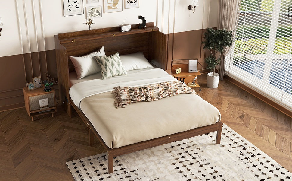 Queen Size Murphy Bed, Pine Wood Cabinet Bed with Power Station and Rattan Decoration Panel,Walnut