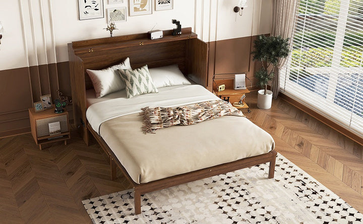 Queen Size Murphy Bed, Pine Wood Cabinet Bed with Power Station and Rattan Decoration Panel,Walnut
