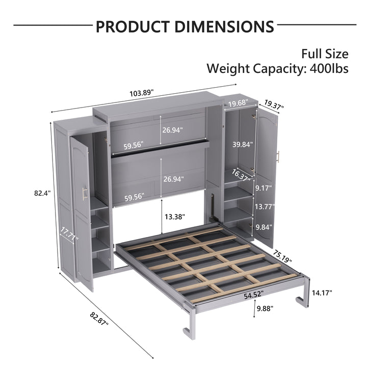 Full Size Murphy Bed, Wooden Full Wall Bed with 2 Wardrobe and Storage Shelf, Multifunctional Foldable Platform Bedframe for Guest-Room, Bedroom, Gray