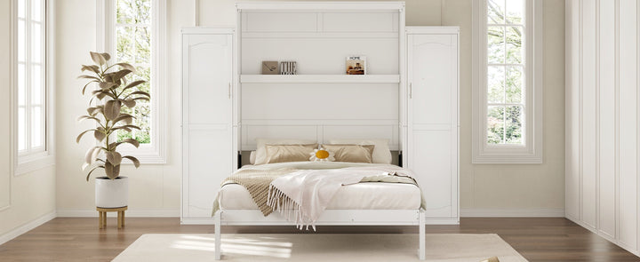 Queen Size Murphy Bed with 2 Wardrobe and Storage Shelf, Multifunctional Foldable Platform Bedframe for Guest-Room, Bedroom, White