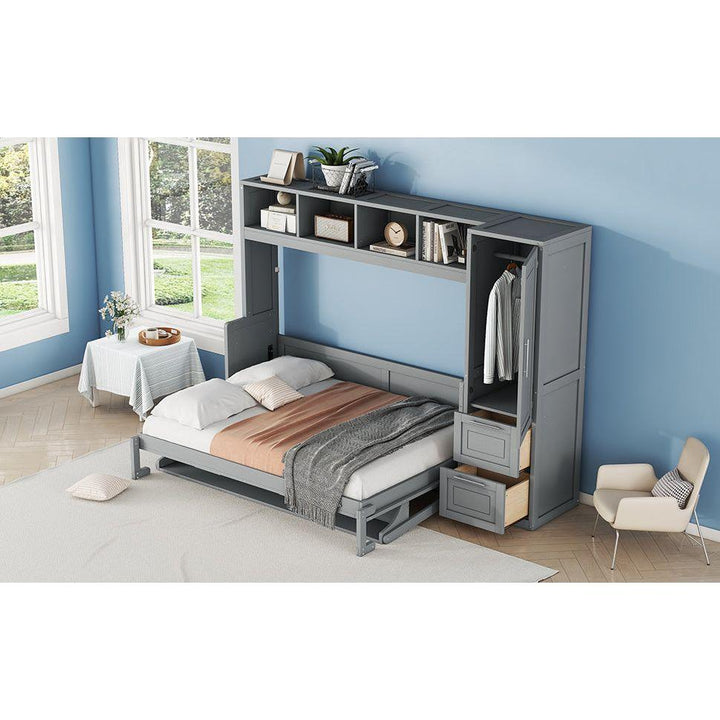 Full Size Murphy Bed Wall Bed with Closet and Drawers,Gray