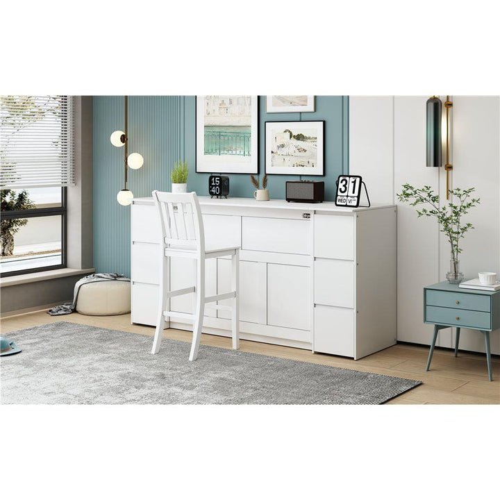 Full Size Murphy Bed with Drawers, Cabinets and USB Ports,White