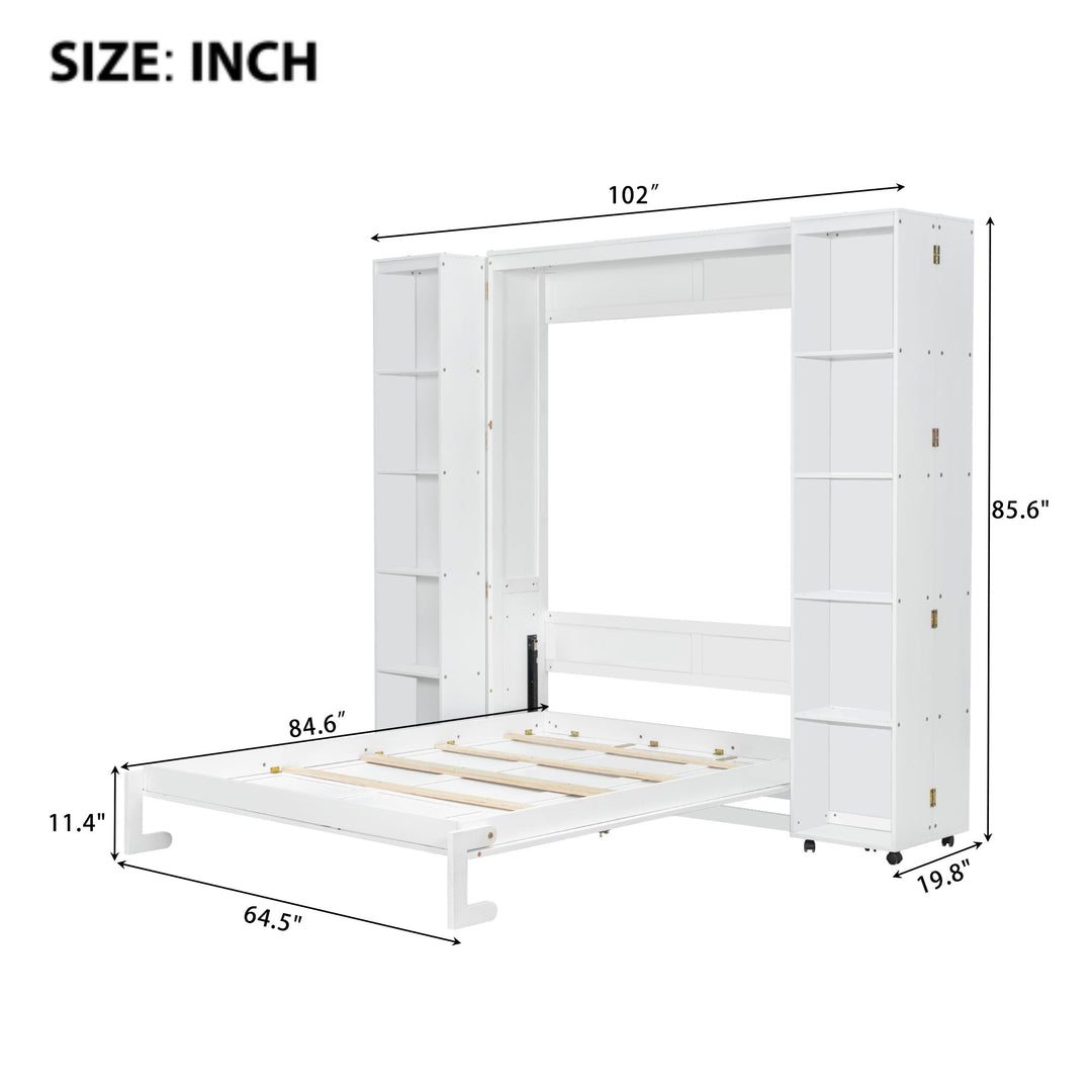 Queen Murphy Bed Wall Bed with Storage Doors, White