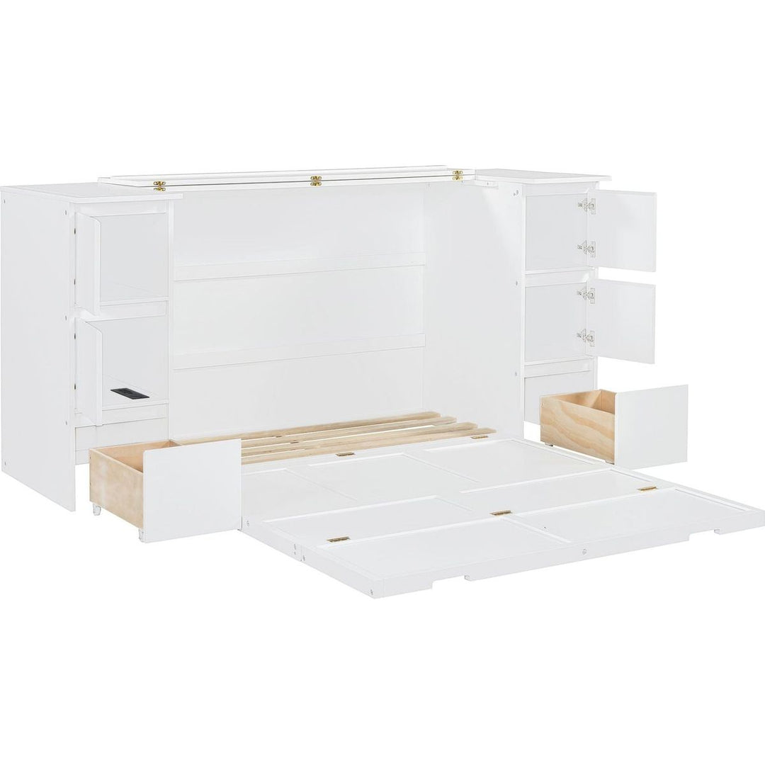 Full Size Murphy Bed with Drawers, Cabinets and USB Ports,White