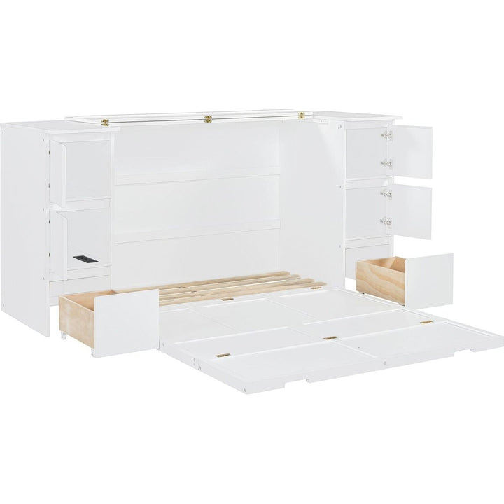 Full Size Murphy Bed with Drawers, Cabinets and USB Ports,White
