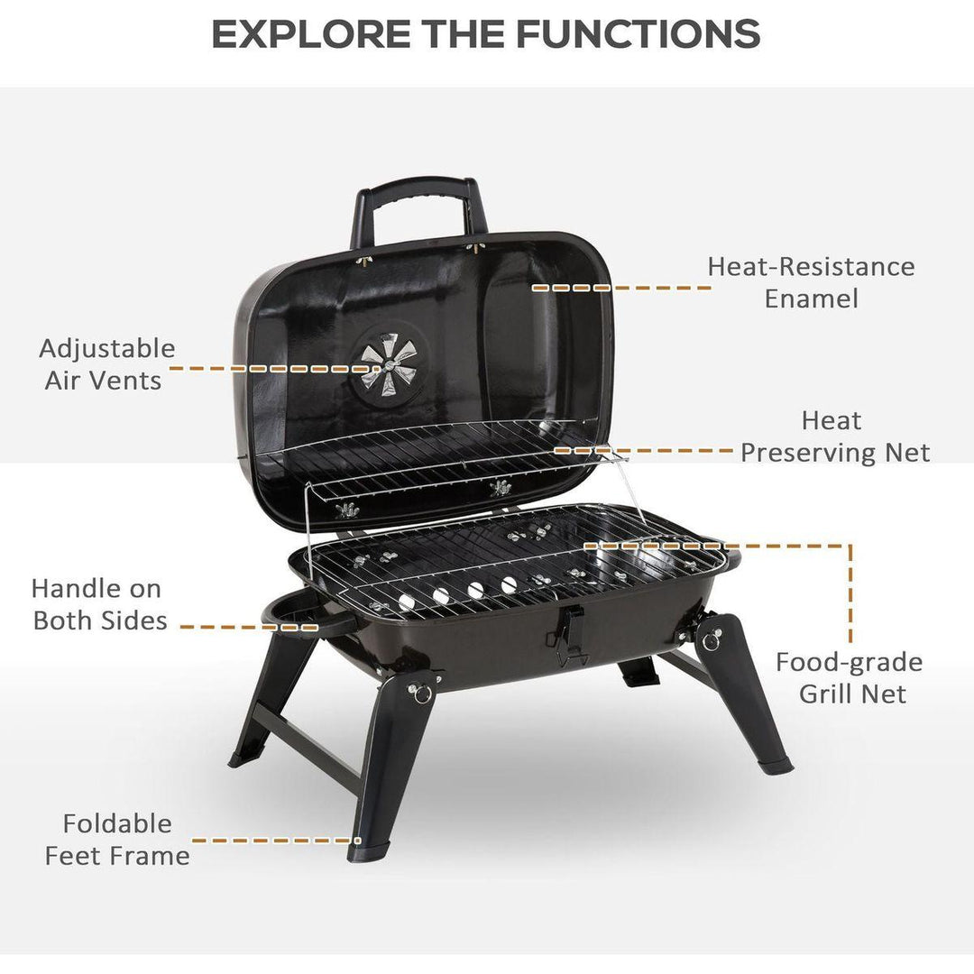 14" Portable Charcoal Grill, Tabletop Small BBQ Grill for Outdoor Cooking, Camping, Tailgating, Enamel Coated, Vent, Folding Legs, Black