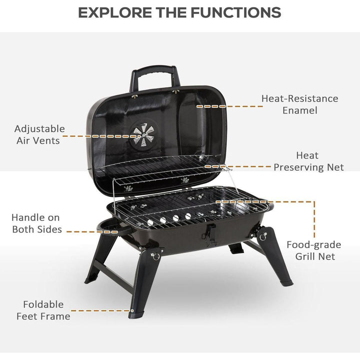14" Portable Charcoal Grill, Tabletop Small BBQ Grill for Outdoor Cooking, Camping, Tailgating, Enamel Coated, Vent, Folding Legs, Black