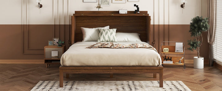 Queen Size Murphy Bed, Pine Wood Cabinet Bed with Power Station and Rattan Decoration Panel,Walnut