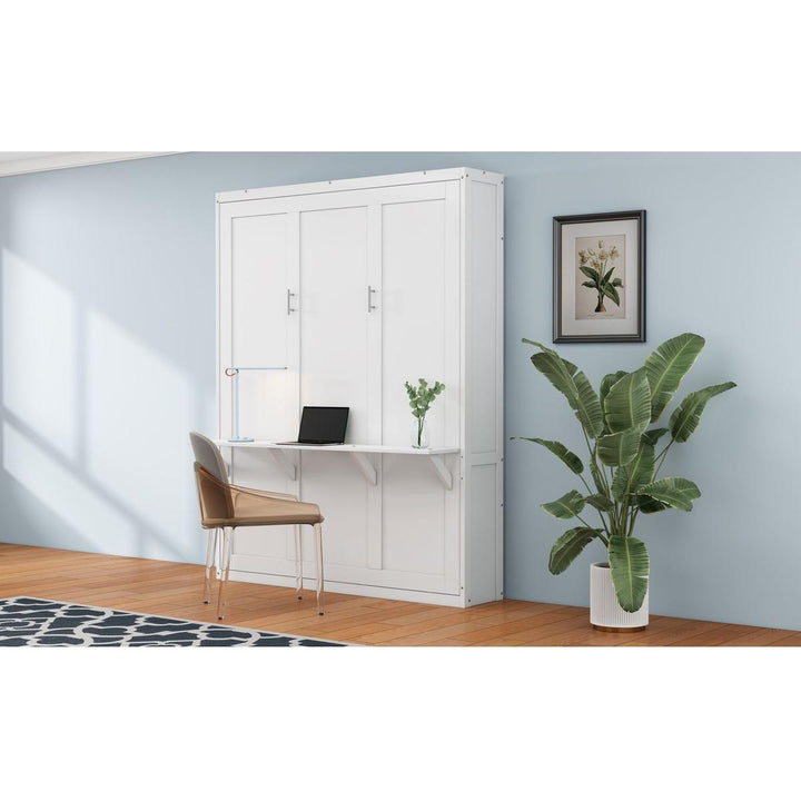 Queen Size Murphy Bed with 2 Side Cabinet Storage Shelves, 68-inch Cabinet Bed Folding Wall Bed with Desk Combo Perfect for Guest Room, Study, Office,White(old sku:BS7013008104C)