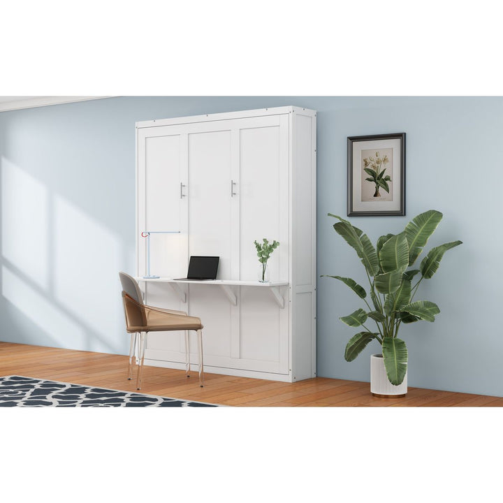 Full Size Murphy Bed with 1 Side Cabinet Storage Shelf, 61.5-inch Cabinet Bed Folding Wall Bed with Desk Combo Perfect for Guest Room,Study, Office,White(old sku:BS7012008109C)