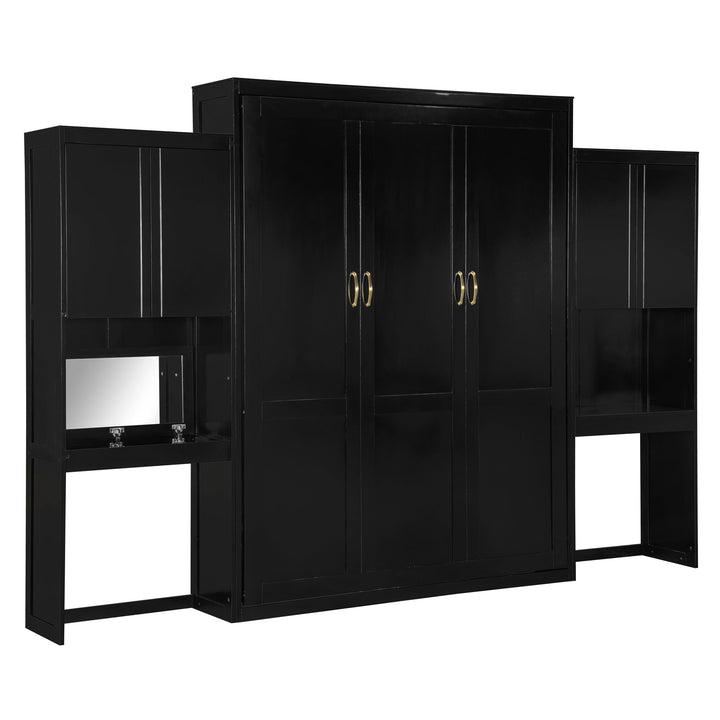 Queen Size Murphy Bed with Desk, Vanity and Cabinets, Espresso