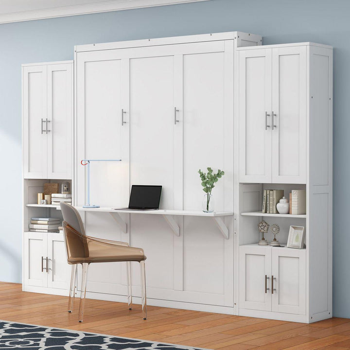 Queen Size Murphy Bed with 2 Side Cabinet Storage Shelves, 68-inch Cabinet Bed Folding Wall Bed with Desk Combo Perfect for Guest Room, Study, Office,White(old sku:BS7013008104C)