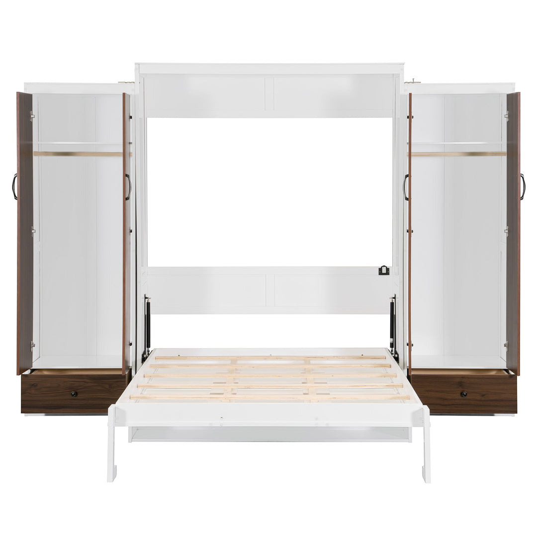 Queen Size Murphy Bed Wall Bed with Closet ,Drawers and Table,White
