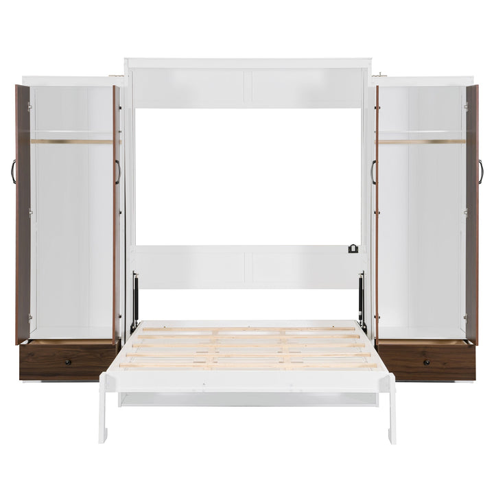 Queen Size Murphy Bed Wall Bed with Closet ,Drawers and Table,White