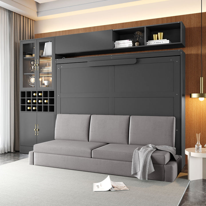 Queen Size Murphy Bed Wall Bed with Sofa , Shelves USB & Light ,Gray