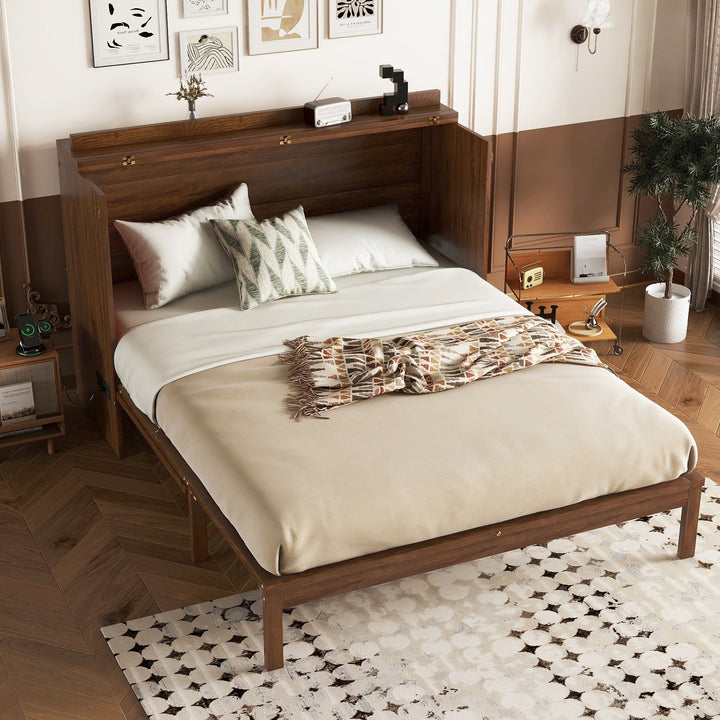 Queen Size Murphy Bed, Pine Wood Cabinet Bed with Power Station and Rattan Decoration Panel,Walnut